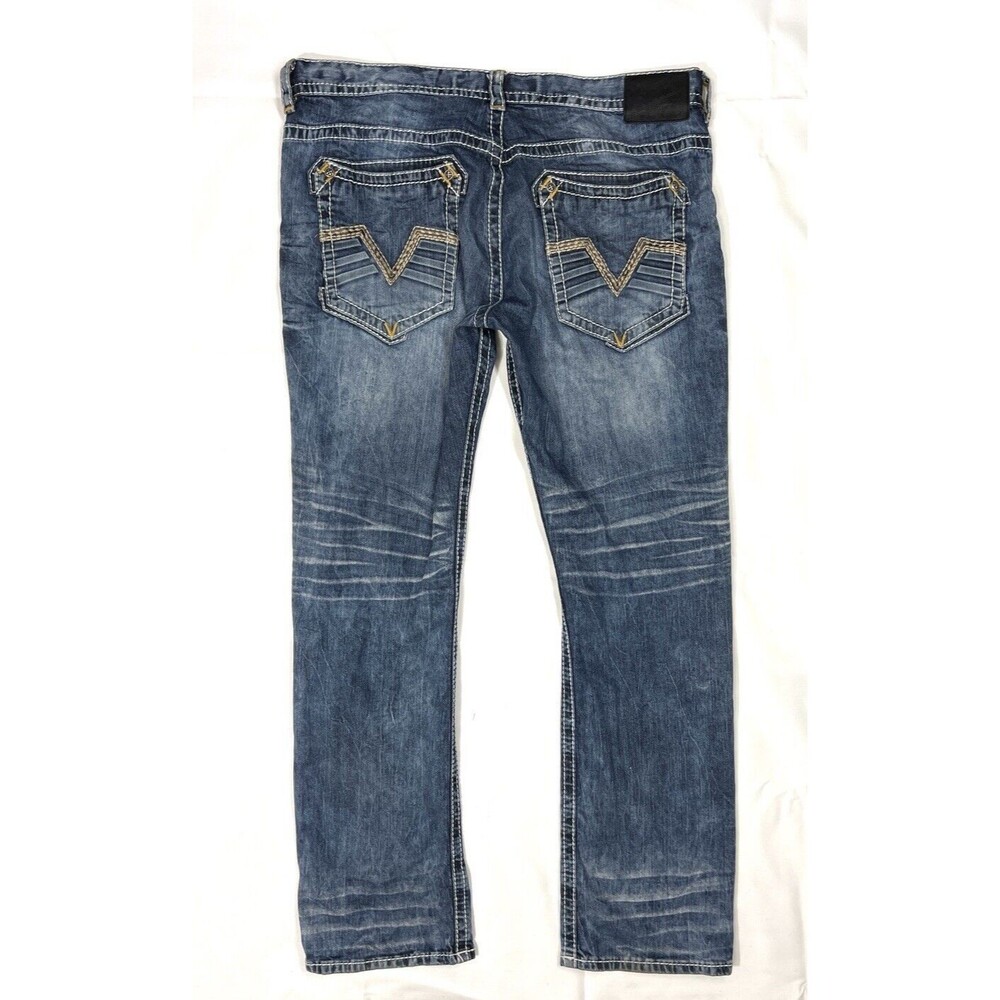 AFFLICTION Ace Jeans Mens 38X33 Blue Distressed Flap Pockets Slim Straight Y2K